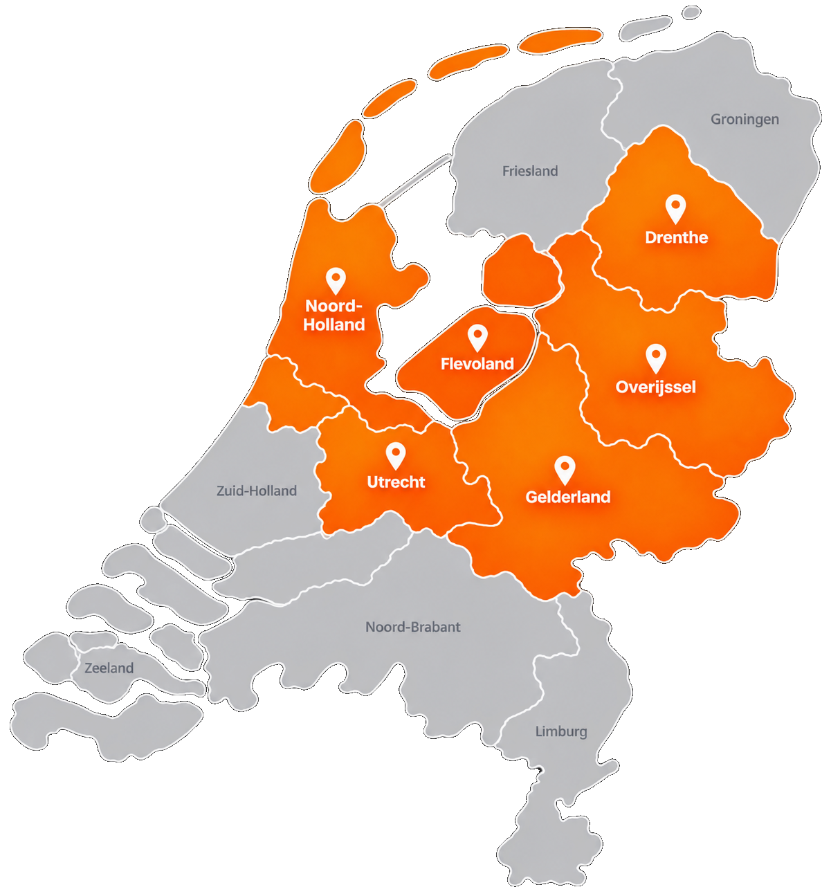 Kaart met het bezorggebied van MeubelBezorgd.nl: Overijssel, Drenthe, Flevoland, Gelderland, Utrecht en Noord-Holland